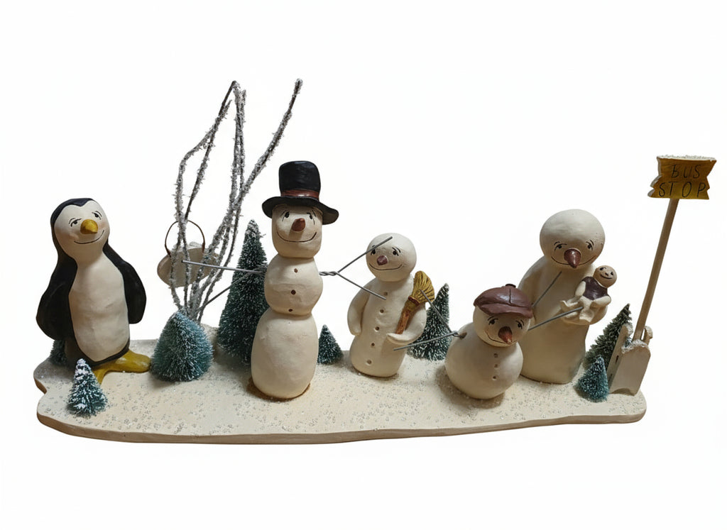 Snowman Family Village Figurine Set with Penguin & Bust Stop Sig