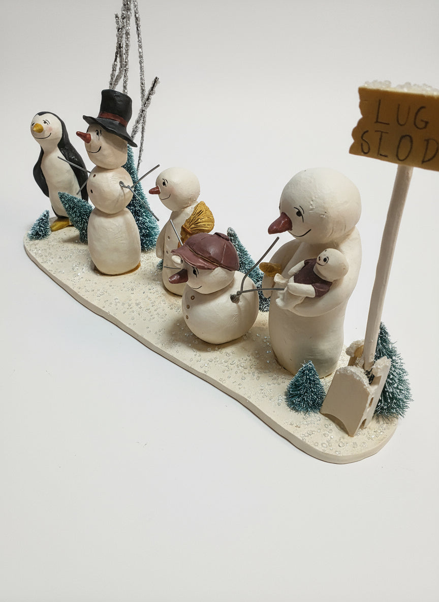 Snowman Family Village Figurine Set with Penguin & Bust Stop Sig