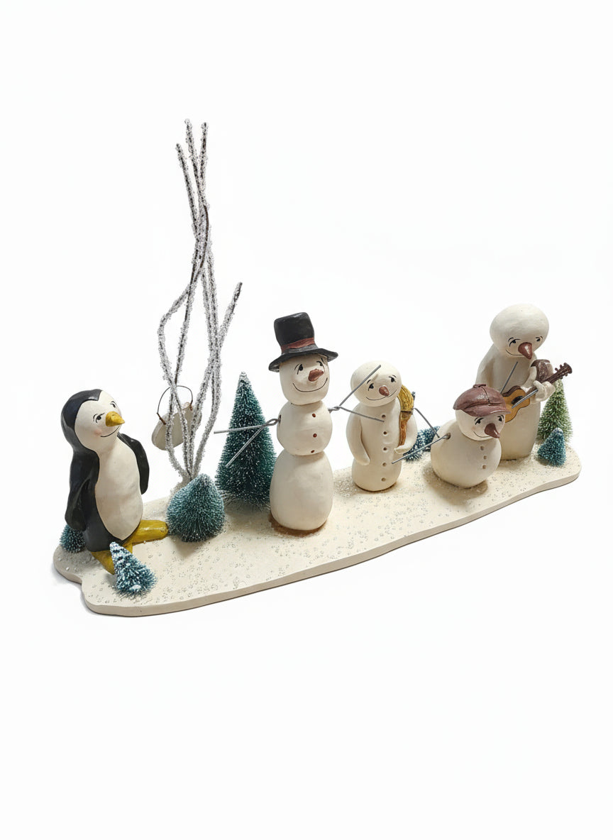 Snowman Family Village Figurine Set with Penguin & Bust Stop Sig