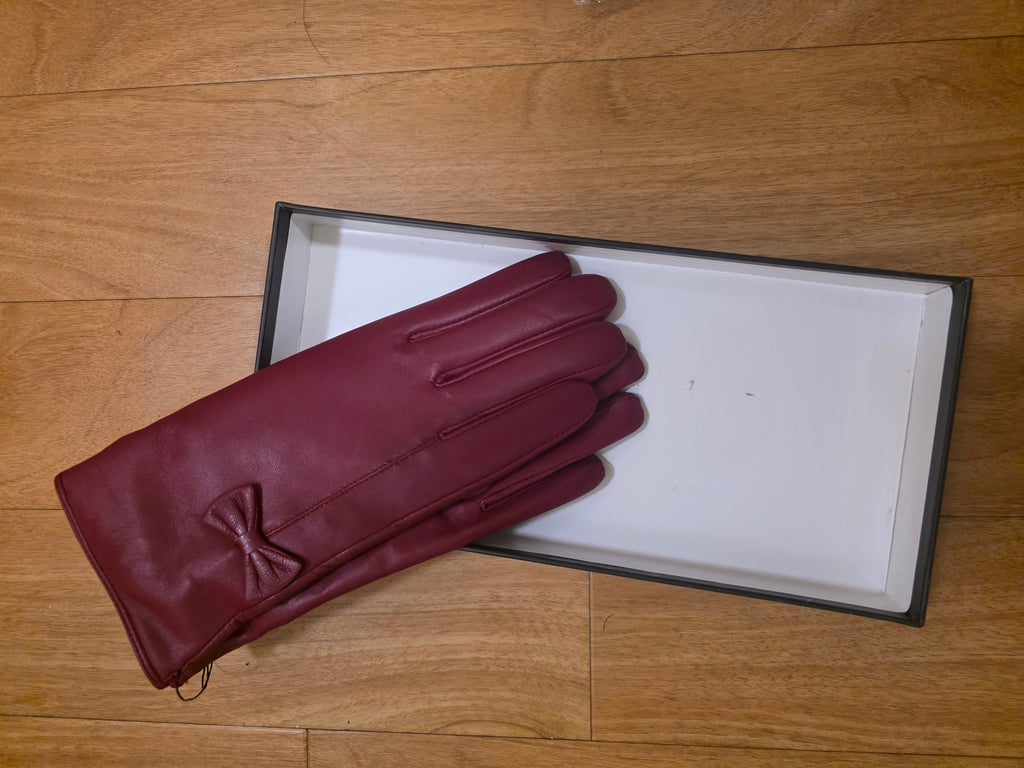 Women's Burgundy Leather Gloves with Bow Detail - Elegant Winter Accessory