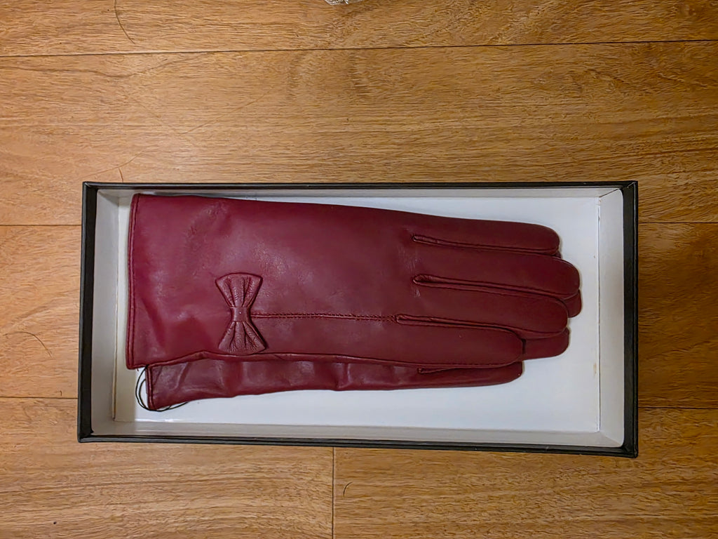 Women's Burgundy Leather Gloves with Bow Detail - Elegant Winter Accessory