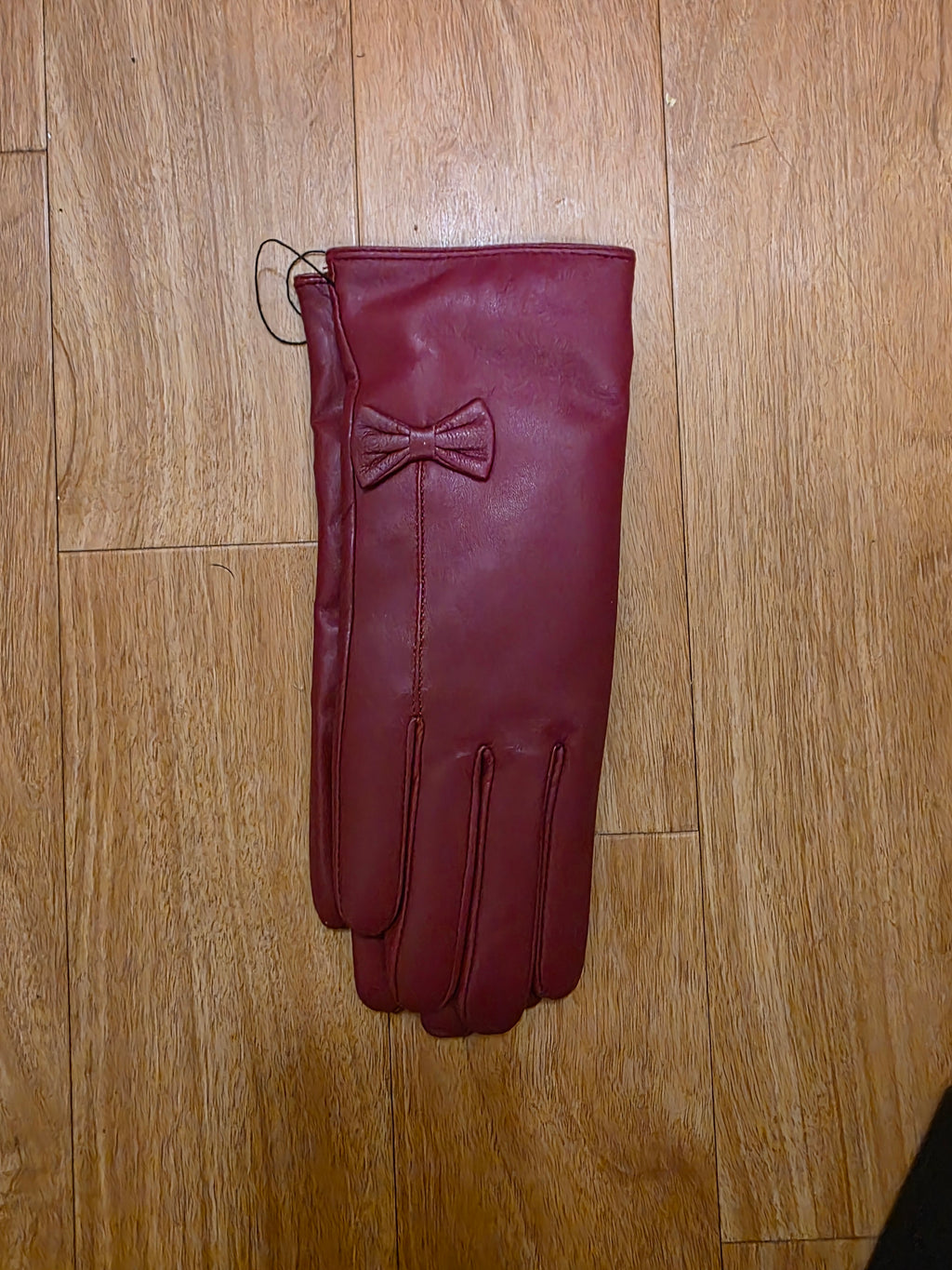Women's Burgundy Leather Gloves with Bow Detail - Elegant Winter Accessory