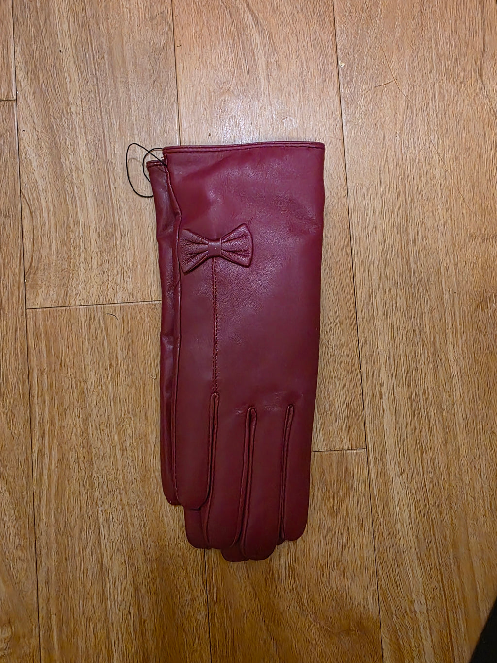 Women's Burgundy Leather Gloves with Bow Detail - Elegant Winter Accessory