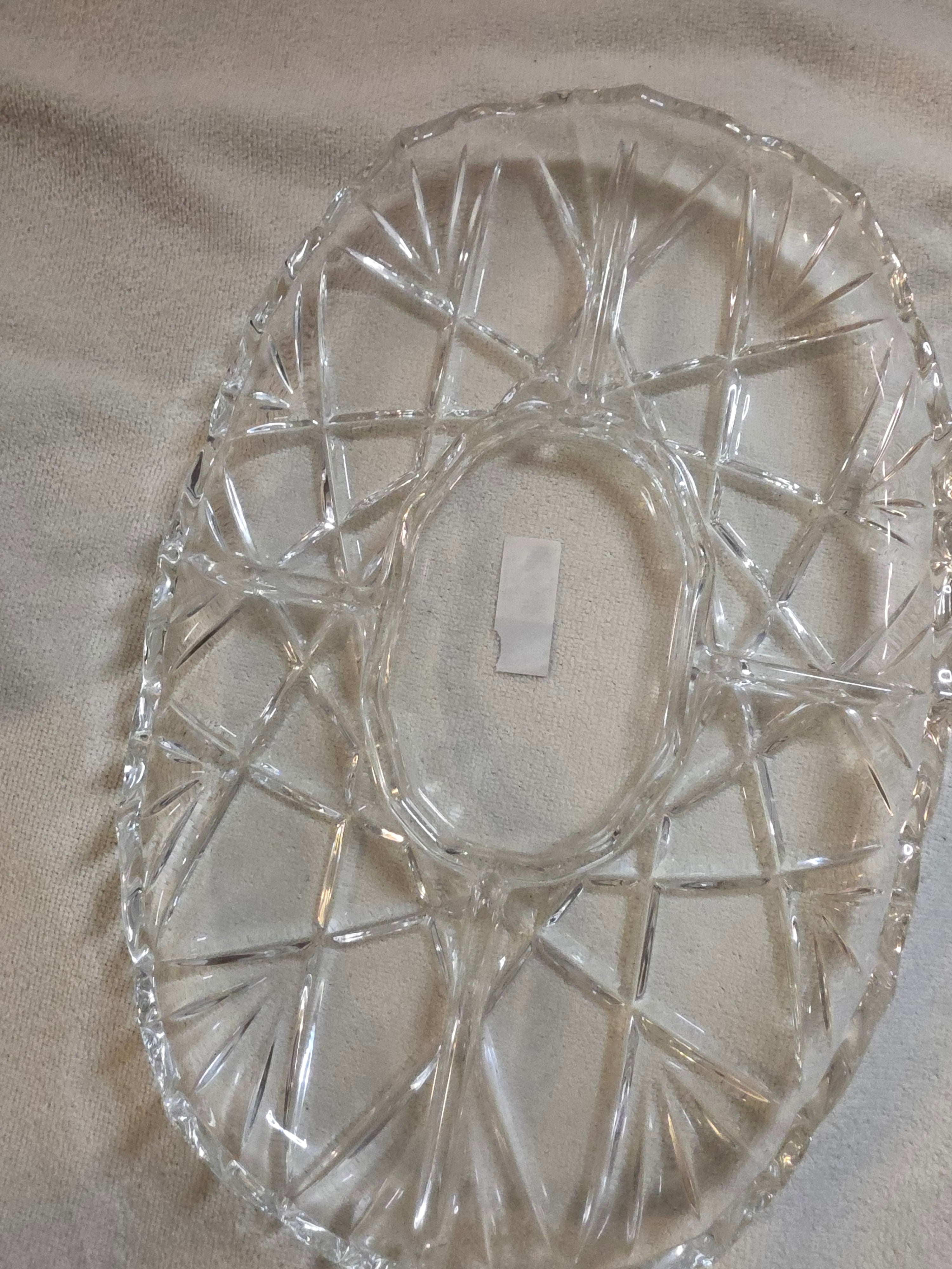 Vintage Crystal Cut Glass Serving Tray - Starburst Pattern Oval Platter