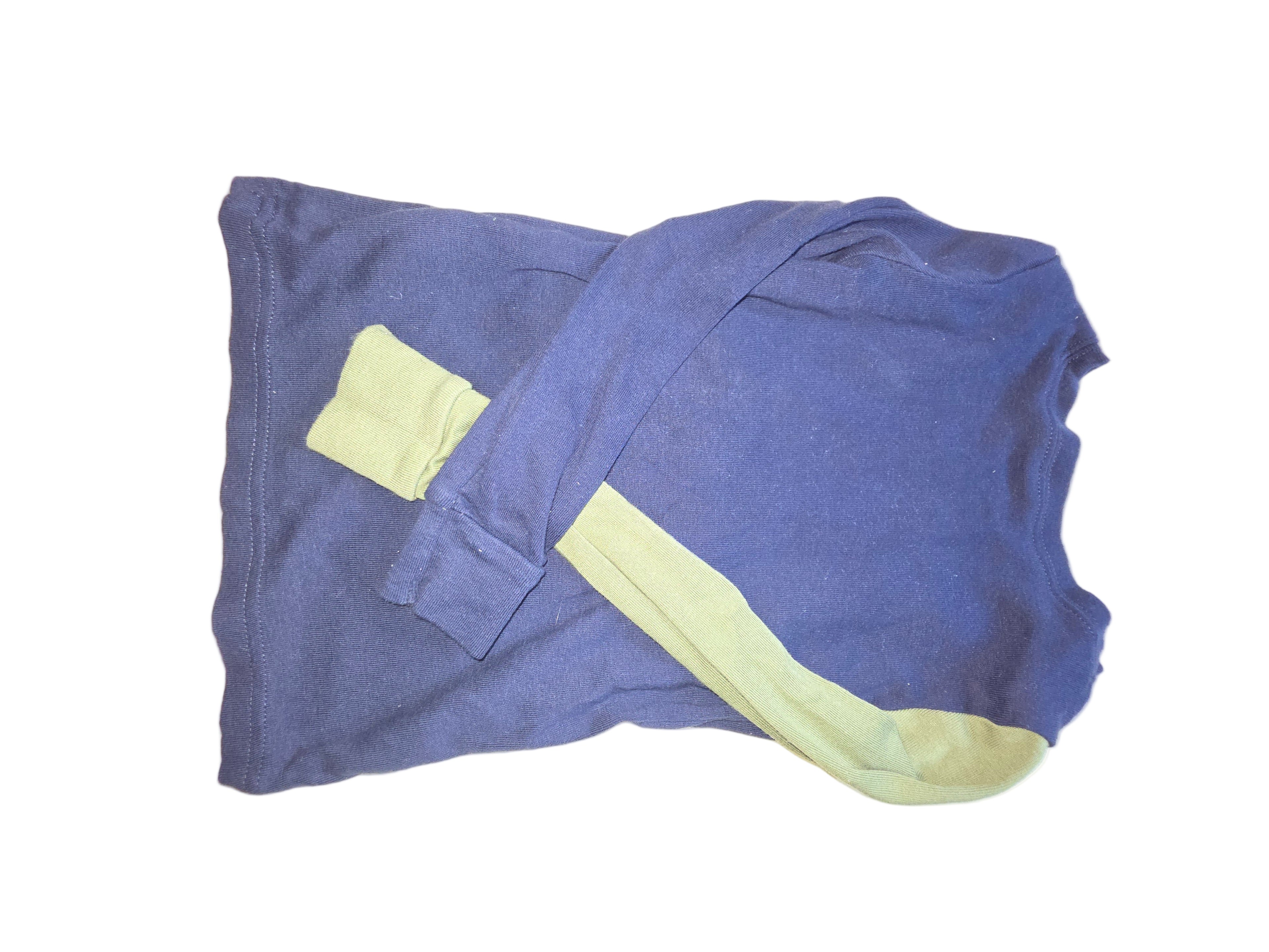 Blue athletic shirt with beige accents on a white background