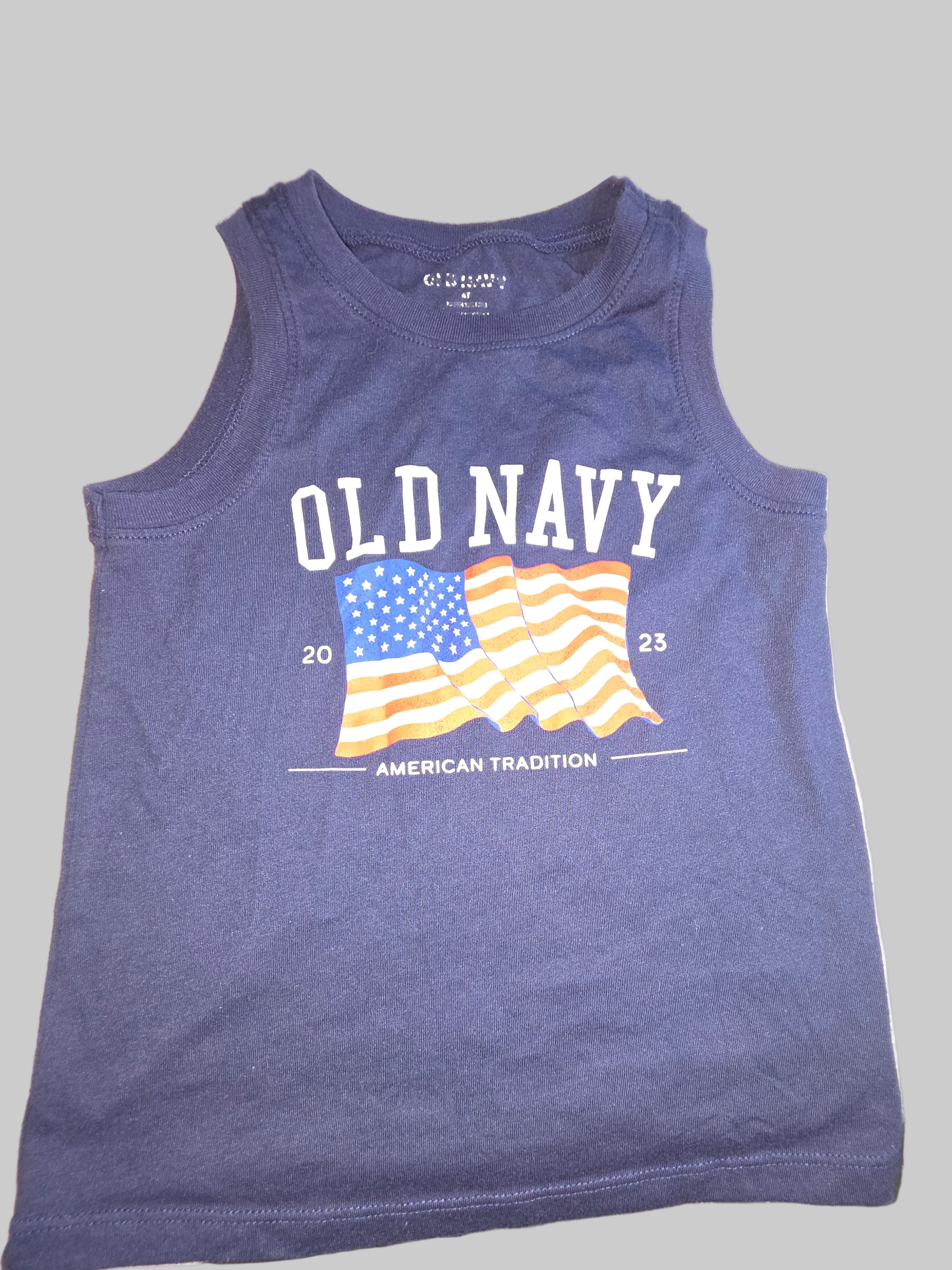 Blue tank top with Old Navy logo on a white surface
