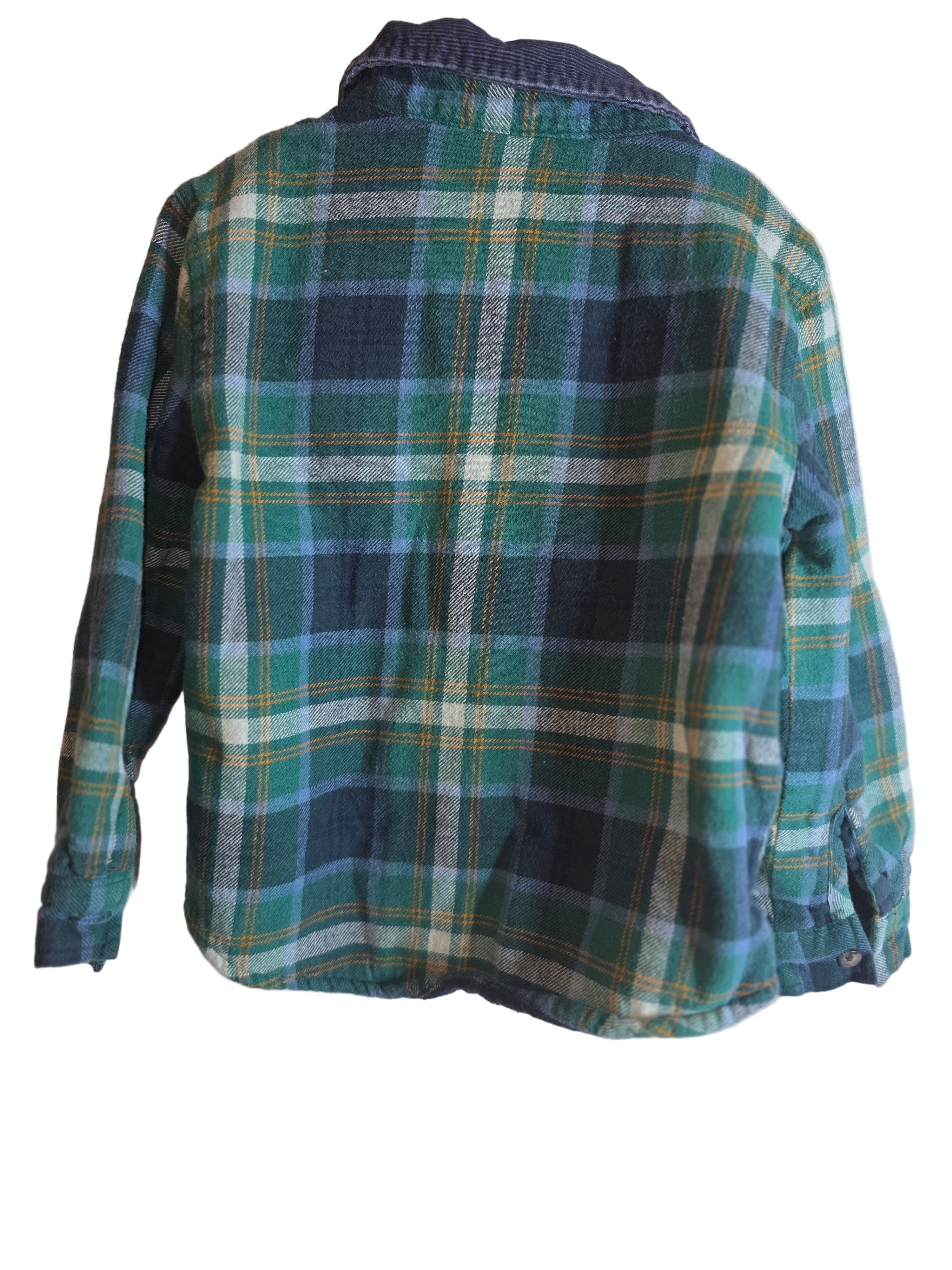Plaid shirt with green and blue pattern on a white background