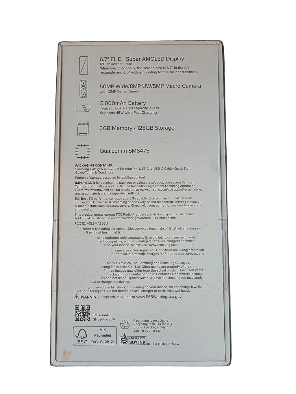 Product packaging box with specifications on a reflective surface