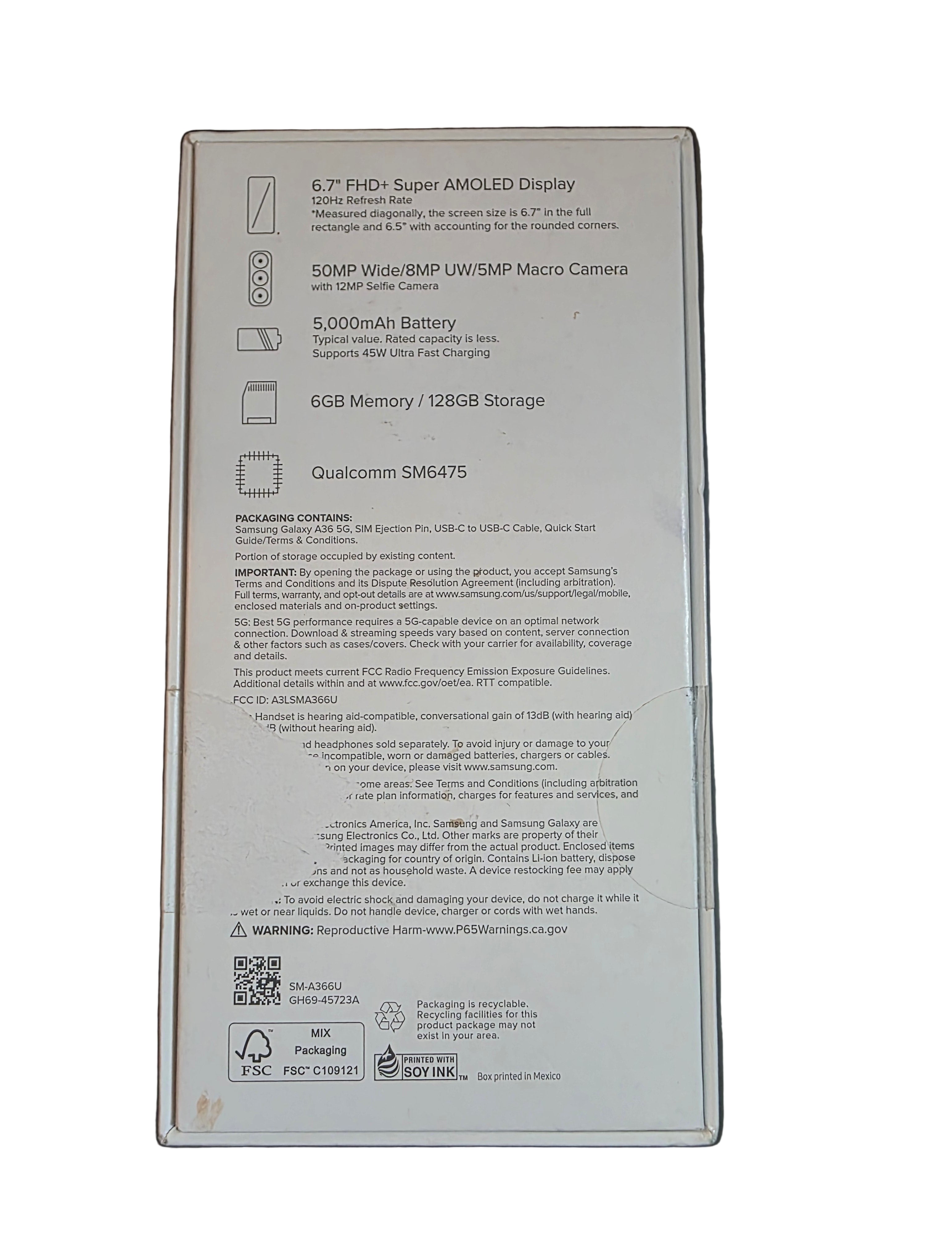 Product packaging box with specifications on a reflective surface