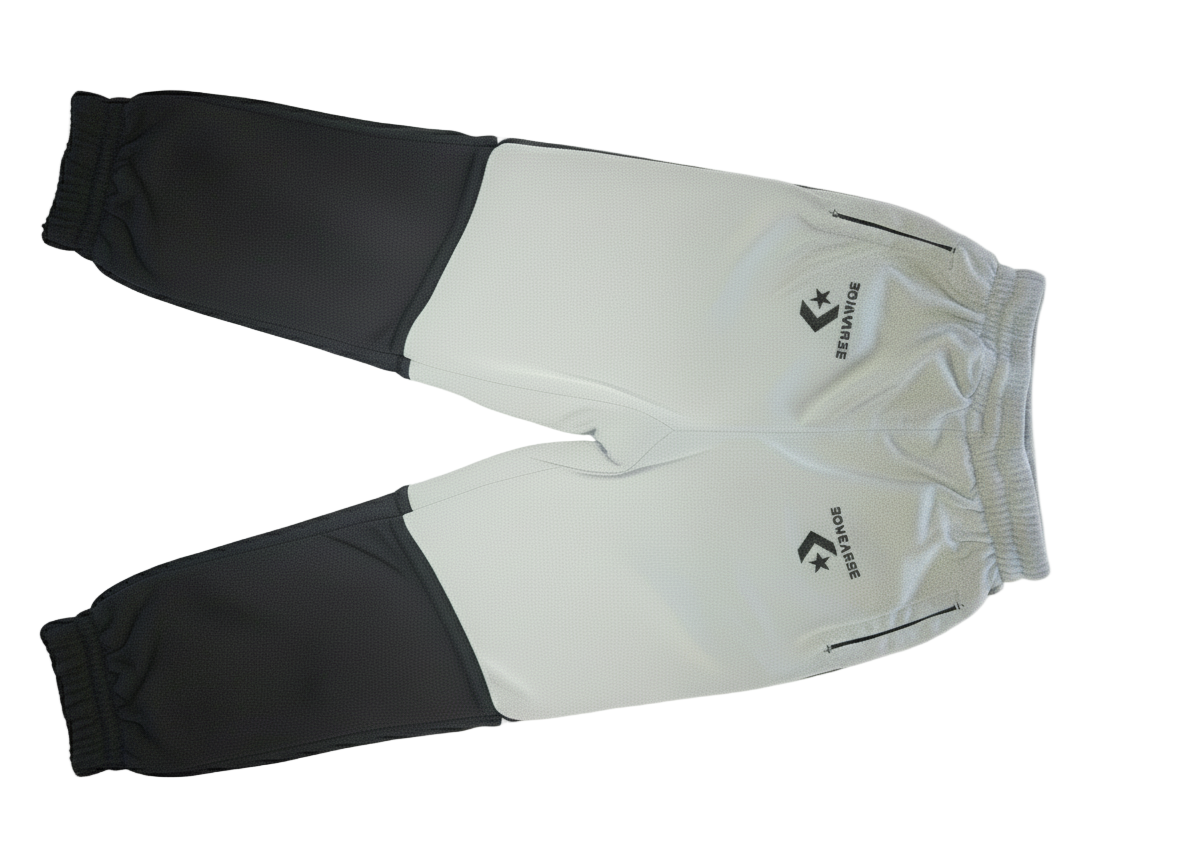 Black and gray pants with brand logo on a light background