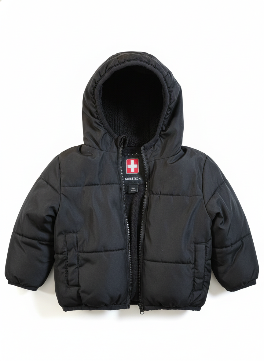 SwissTech Boys Puffer Jacket - Size 12M, Black Hooded Kid Winter Coat
