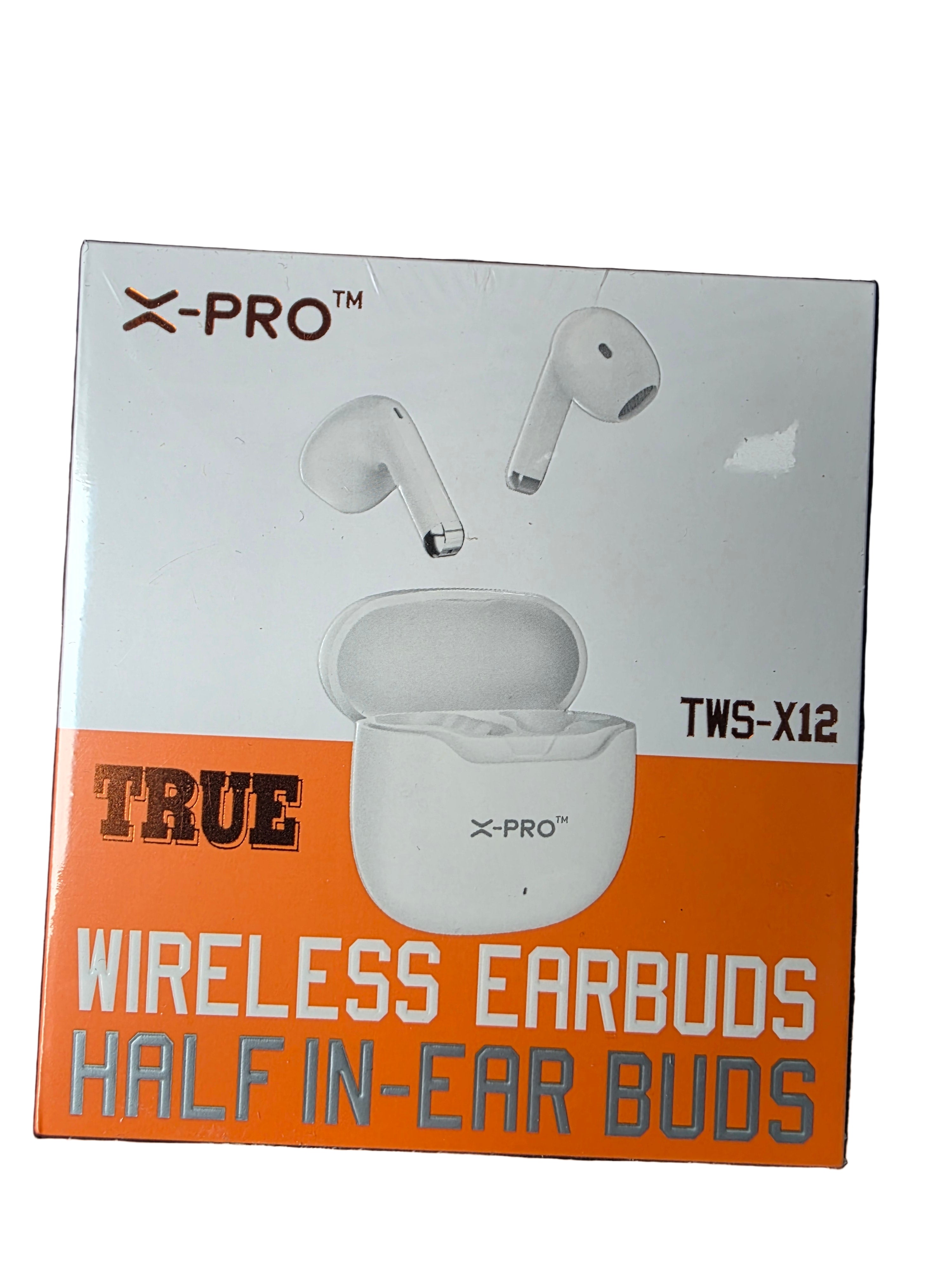 X-Pro wireless earbuds packaging on a dark textured surface